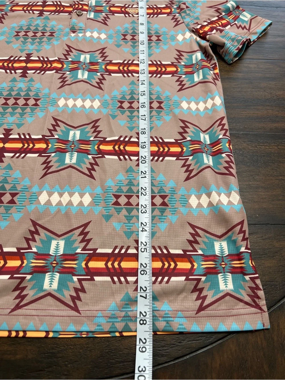 Rock & Roll Denim Aztec Print Polo Shirt Brown Aqua Red S/S Men’s Size Med